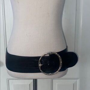 Vintage Wide Black Leather Belt Silver-Tone Circle Buckle L